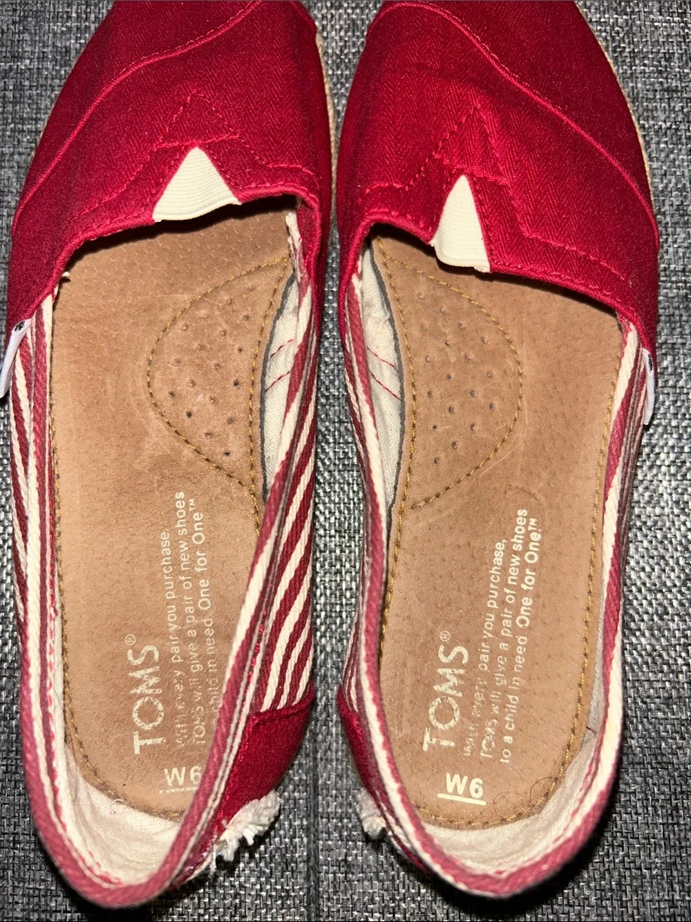 Toms Red Canvas Slip-On Flats with Striped Heel